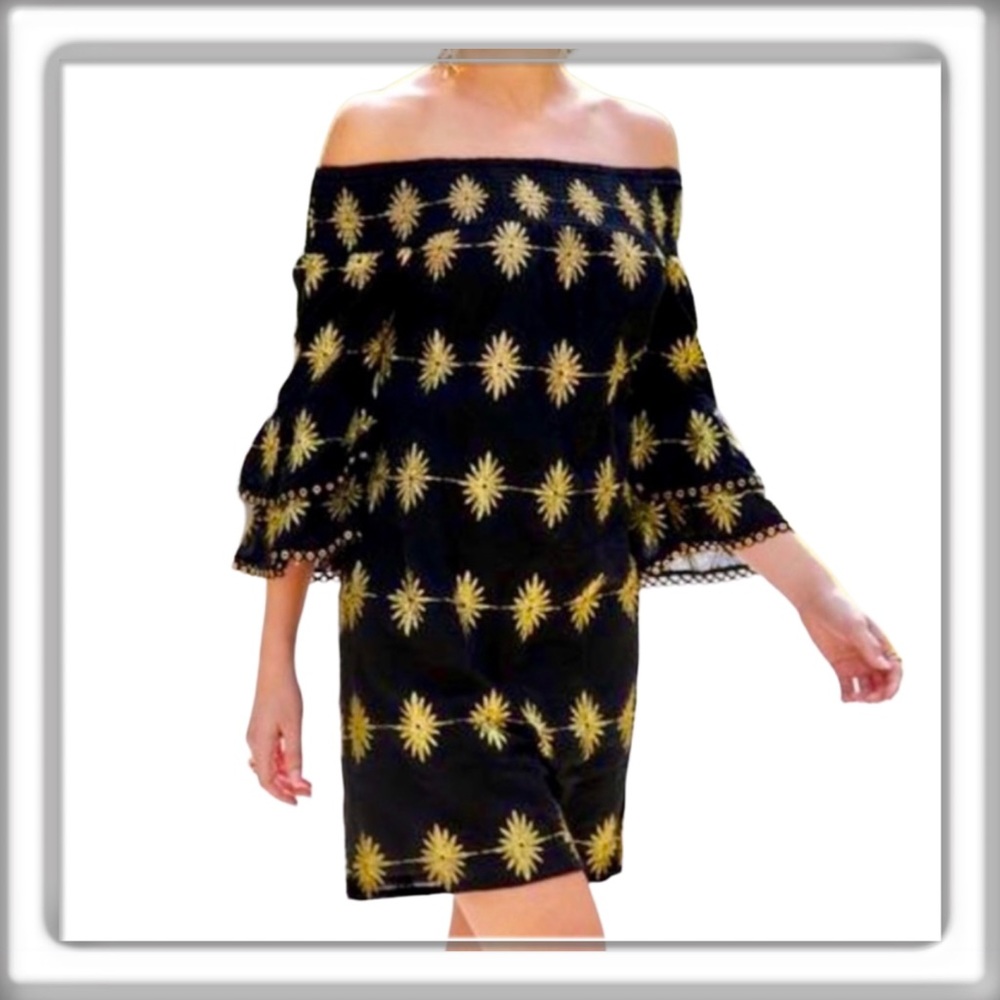 Boston Proper Black Strapless Off-Shoulder Dress with Gold Sunburst Embroidery